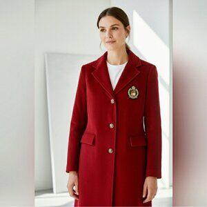 NWT $300 Lauren Ralph Lauren Red Chest Crest Patch Wool-Blend Coat, Sz 8